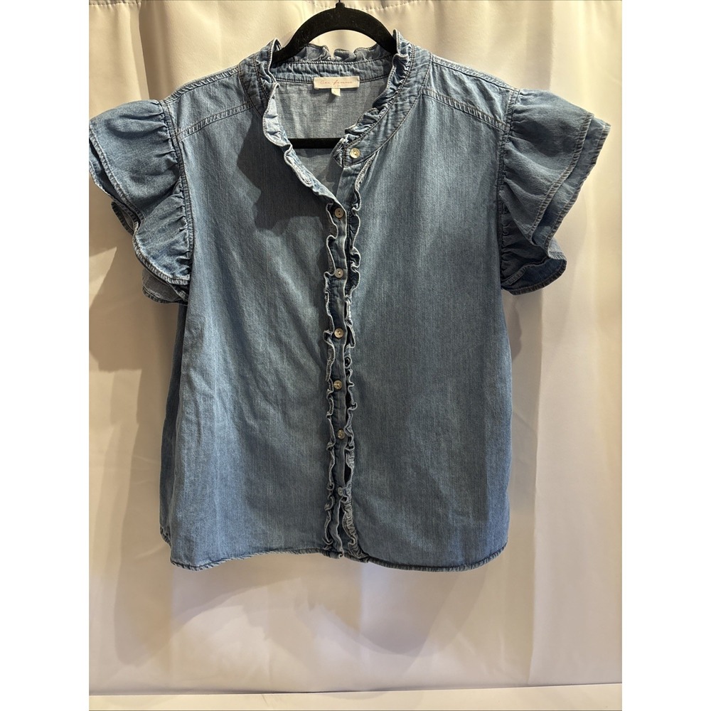 Ces Femme Denim Chambray Ruffle Sleeve Ruffle Blouse Women's Large Boho